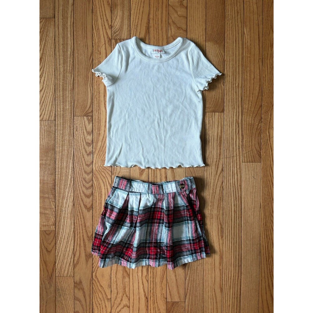 Girls outfit 2 piece set holiday party tshirt skirt white plaid festival fall